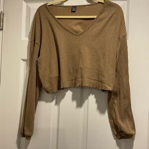 H&M Ribbed V-Neck Cropped Blouse - Brown